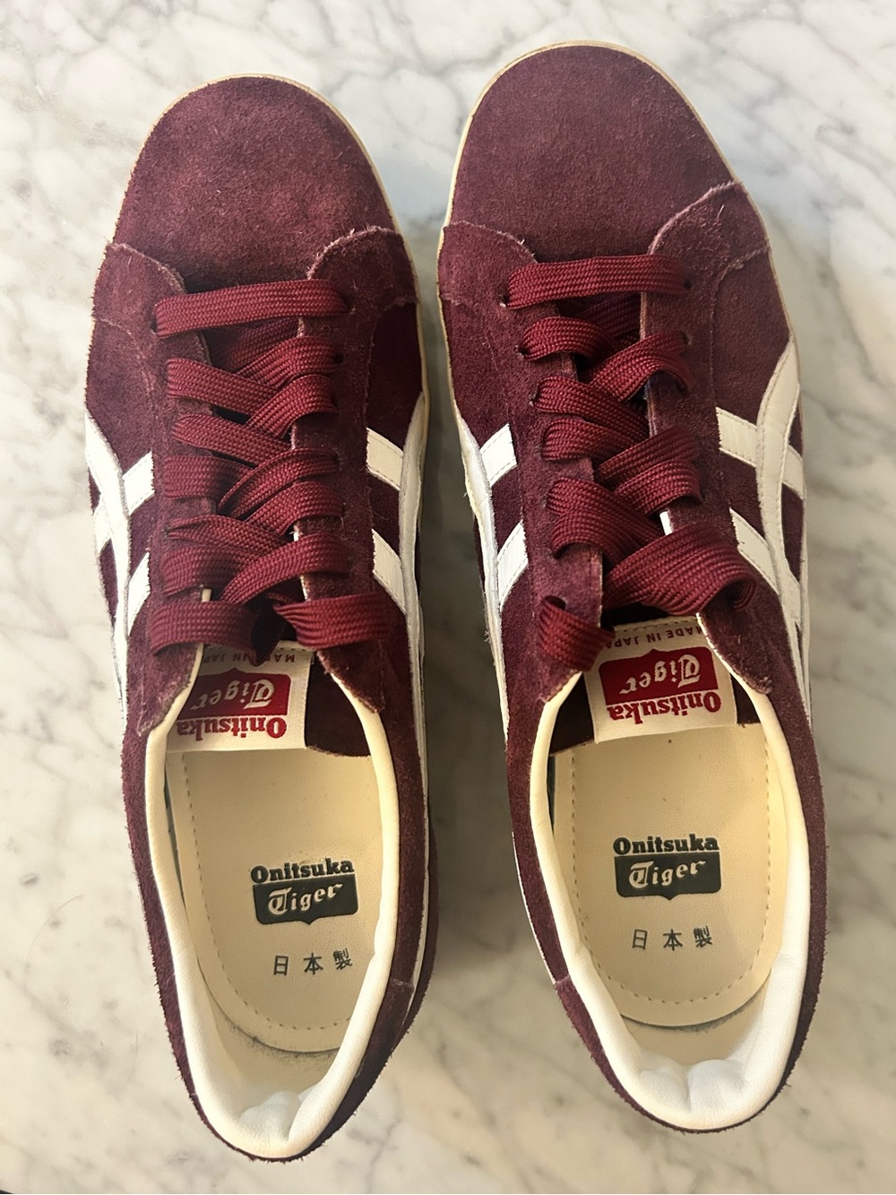 Onitsuka Tiger Burgundy Suede Sneakers with White Stripes